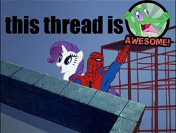 Size: 680x510 | Tagged: 60s spider-man, caption, crossover, derpibooru import, gummy, happy, image macro, meme, rarity, safe, spider-man, text, thread, wat