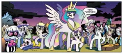 Size: 1004x440 | Tagged: safe, derpibooru import, idw, derpy hooves, hoity toity, lotus blossom, lyra heartstrings, mayor mare, octavia melody, photo finish, princess celestia, princess luna, sweetie belle, trixie, vinyl scratch, pegasus, pony, spoiler:comic, spoiler:comic08, comic, derpy hooves is not amused, female, hoity toity is not amused, lyra is not amused, mare, momlestia fuel, octavia is not amused, photo finish is unamused, protecting, spread wings, trixie is not amused, unamused, vinyl is not amused, wings