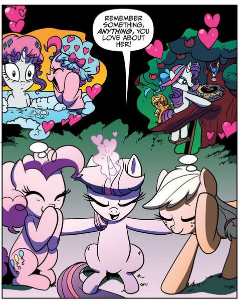 Size: 623x781 | Tagged: safe, derpibooru import, idw, applejack, pinkie pie, rarity, twilight sparkle, pony, spoiler:comic, spoiler:comic08, bubble, comic, fart, farting bubbles, heart