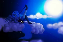 Size: 1280x853 | Tagged: anthro, artist:ms-seven0, breasts, clothes, cloud, cloudy, derpibooru import, feet, female, moon, night, pasties, plantigrade anthro, princess luna, solo, solo female, stockings, stripping, suggestive, thigh highs