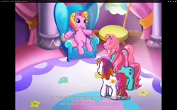 Size: 1920x1200 | Tagged: a very pony place, caption, derpibooru import, edit, edited screencap, g3, meme, minty, pinkie pie (g3), safe, screencap, storybelle, sunny daze (g3), two for the sky, youtube caption