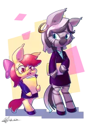 Size: 2249x3165 | Tagged: safe, artist:jggjqm522, derpibooru import, apple bloom, zecora, pony, semi-anthro, zebra, bipedal, business suit, businessmare, clothes, dress suit