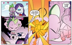 Size: 1005x629 | Tagged: safe, derpibooru import, idw, rarity, spike, spoiler:comic, spoiler:comic08, comic, female, fire ruby, gem, heart, kissing, male, ruby, shipping, sparity, straight