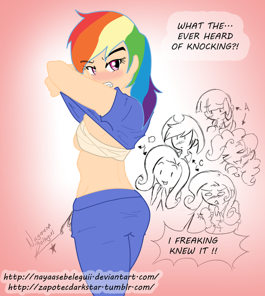 Size: 2322x2590 | Tagged: applejack, artist:nayaasebeleguii, breast binding, breasts, busty rainbow dash, caught, derpibooru import, female, fluttershy, human, humanized, mane six, pinkie pie, questionable, rainbow dash, rarity, twilight sparkle