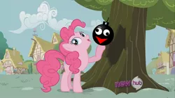 Size: 1024x576 | Tagged: ball emergency, derpibooru import, edit, edited screencap, it's about time, pinkie pie, safe, screencap, solo, the demented cartoon movie, zeeky boogy doog, zeeky h. bomb