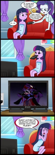 Size: 713x2000 | Tagged: semi-grimdark, artist:madmax, derpibooru import, edit, rarity, twilight sparkle, equestria girls, blood, comic, eva-01, exploitable meme, female, meme, neon genesis evangelion, obligatory pony, remote, sony, tv meme, what's wrong with this place