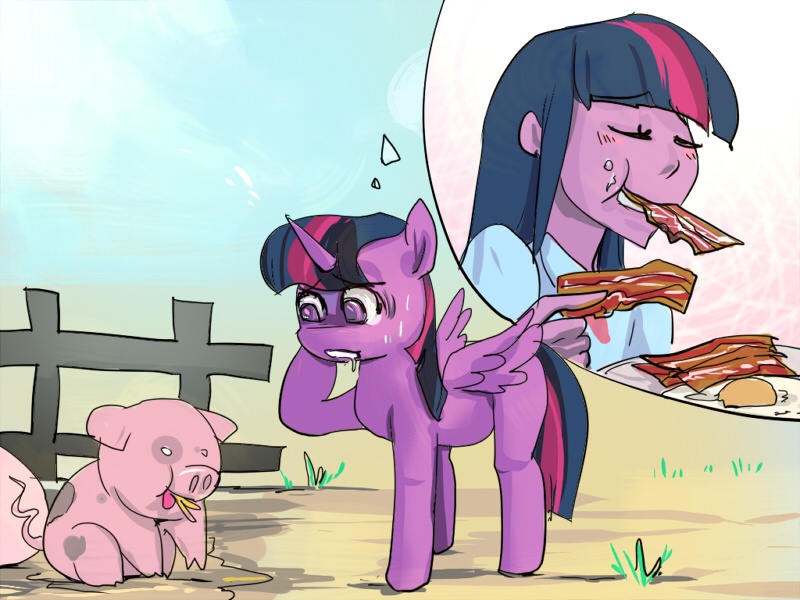 Size: 800x600 | Tagged: safe, artist:bakki, derpibooru import, twilight sparkle, twilight sparkle (alicorn), alicorn, pig, pony, equestria girls, :t, bacon, colored pupils, drool, eating, eyes closed, eyes on the prize, female, food, mare, meat, nervous, nom, omnivore twilight, scarred for life, sitting, smiling, spread wings, sweat, thinking, thought bubble, traumatized, wide eyes, wings