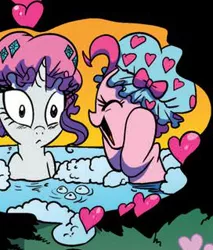 Size: 272x320 | Tagged: safe, derpibooru import, idw, pinkie pie, rarity, earth pony, pony, unicorn, bath, bubble, comic, duo, fart, farting bubbles, hat, heart, not fabulous, open mouth, shower cap