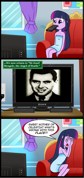 Size: 681x1434 | Tagged: semi-grimdark, artist:madmax, derpibooru import, edit, rarity, twilight sparkle, equestria girls, comic, evil, exploitable meme, josef mengele, meme, nazi, obligatory pony, pure evil, true evil, tv meme, what's wrong with this place