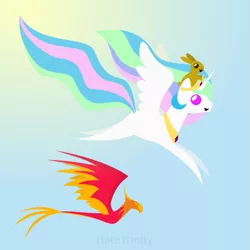 Size: 601x601 | Tagged: safe, artist:haretrinity, derpibooru import, philomena, princess celestia, pony, rabbit, animal, flying, pointy ponies