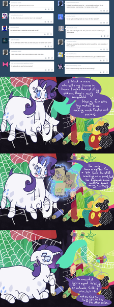 Size: 1242x3332 | Tagged: artist:otterlore, ask, clothes, comic, crying, derpibooru import, drider, monster pony, original species, rarity, sad, safe, solo, species swap, spider, spiderpony, spiderponyrarity, spider web, tumblr