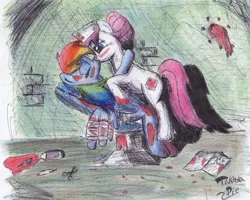 Size: 960x769 | Tagged: artist:takedapie, back alley surgery, bandage, blood, blushing, derpibooru import, female, lesbian, nurse redheart, rainbow dash, rainheart, semi-grimdark, shipping