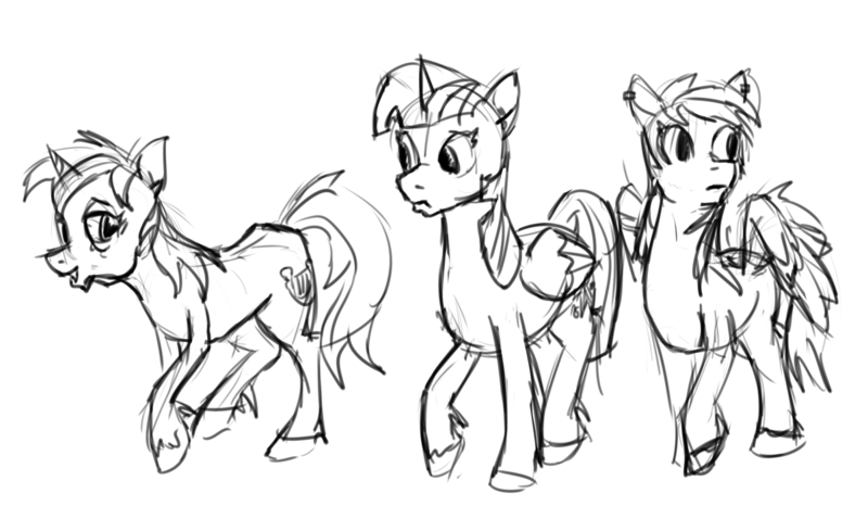 Size: 1202x700 | Tagged: safe, artist:archonix, derpibooru import, lyra heartstrings, rainbow dash, twilight sparkle, twilight sparkle (alicorn), alicorn, pony, fanfic:xenophilia, immortality blues, monochrome, sad, sketch