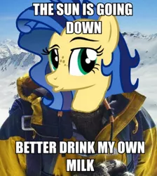 Size: 500x557 | Tagged: bear grylls, caption, derpibooru import, duckface, edit, human, image macro, irl, irl human, meme, oc, oc:milky way, photo, safe, text