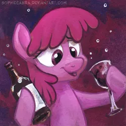 Size: 500x500 | Tagged: safe, artist:kenket, artist:spainfischer, derpibooru import, berry punch, berryshine, earth pony, pony, alcohol, bubble, female, glass, image, jpeg, mare, solo, traditional art, wine, wine bottle, wine glass