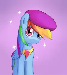 Size: 731x817 | Tagged: artist:lurarin, beret, blushing, cute, derpibooru import, element of loyalty, fanfic art, fanfic:austraeoh, hat, looking at you, rainbow dash, safe, smiling, solo, sparkles