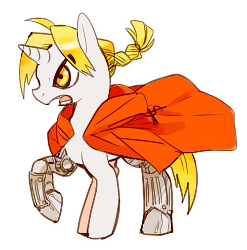 Size: 500x506 | Tagged: safe, artist:memoneo, derpibooru import, ponified, pony, edward elric, fullmetal alchemist, prosthetics, solo