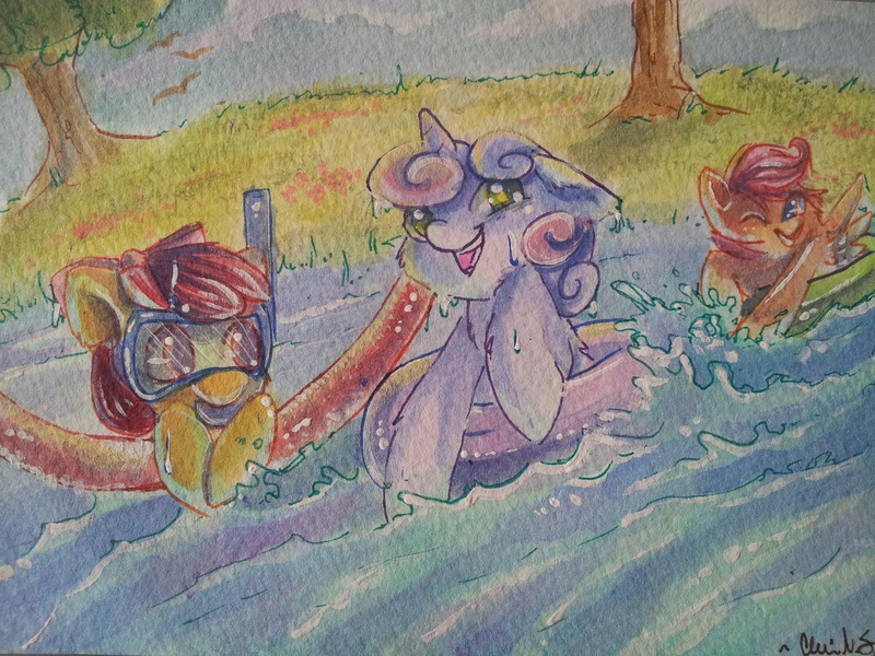 Size: 3264x2448 | Tagged: apple bloom, artist:lavenderhush, cutie mark crusaders, derpibooru import, floaty, inner tube, safe, scootaloo, source needed, sweetie belle, swimming, traditional art, water