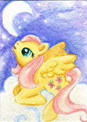 Size: 1492x2091 | Tagged: artist:rayechu, cloud, cloudy, derpibooru import, fluttershy, moon, safe, solo, traditional art