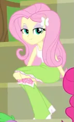 Size: 397x648 | Tagged: safe, derpibooru import, screencap, fluttershy, pinkie pie, spike, dog, equestria girls, equestria girls (movie), bleachers, boots, clothes, cropped, fourth wall, high heel boots, lidded eyes, looking at you, shoes, skirt, socks, solo focus, spike the dog