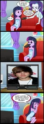 Size: 713x2000 | Tagged: safe, artist:madmax, derpibooru import, edit, rarity, twilight sparkle, equestria girls, comic, exploitable meme, justin bieber, meme, obligatory pony, remote, tv meme, what's wrong with this place