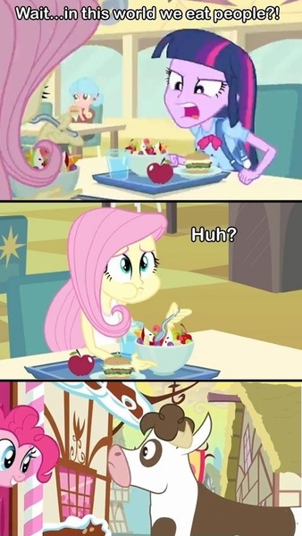 Size: 500x888 | Tagged: safe, derpibooru import, edit, edited screencap, screencap, daisy jo, fluttershy, pinkie pie, twilight sparkle, cow, a friend in deed, equestria girls, equestria girls (movie), comic, cropped, food, fruit salad, meat, ponies eating meat, puffy cheeks, salad