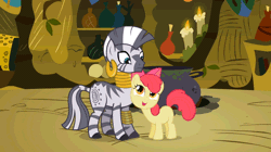 Size: 518x291 | Tagged: safe, derpibooru import, screencap, apple bloom, zecora, zebra, season 2, the cutie pox, animated, butt shake, cute, gif, image, nudge nudge, nuzzling, out of context