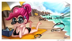 Size: 1050x600 | Tagged: artist:chch, bikini, clothes, derpibooru import, human, humanized, pinkie pie, safe, solo, swimsuit