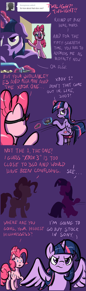 Size: 660x2225 | Tagged: safe, artist:flavinbagel, derpibooru import, pinkie pie, twilight sparkle, twilight sparkle (alicorn), alicorn, pony, ask gamer ponies, comic, female, mare, xbox one