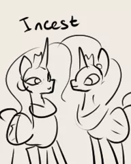 Size: 200x250 | Tagged: safe, artist:slavedemorto, derpibooru import, princess celestia, princess luna, alicorn, pony, :>, c:, eye contact, female, incest, lesbian, lidded eyes, looking at each other, mare, monochrome, princest, shipping, simple background, sketch, smiling, wat, white background