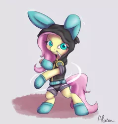 Size: 837x881 | Tagged: safe, artist:alasou, deleted from derpibooru, derpibooru import, fluttershy, pegasus, pony, bipedal, bunny ears, cigarette, clothes, costume, dangerous mission outfit, female, goggles, hoodie, mare, smoking, solo