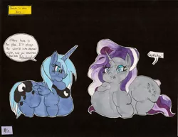 Size: 1018x784 | Tagged: artist:squishyluna, derpibooru import, fat, nightmare grayity, nightmare raritubby, nightmare rarity, obese, princess luna, princess moonpig, s1 luna, safe