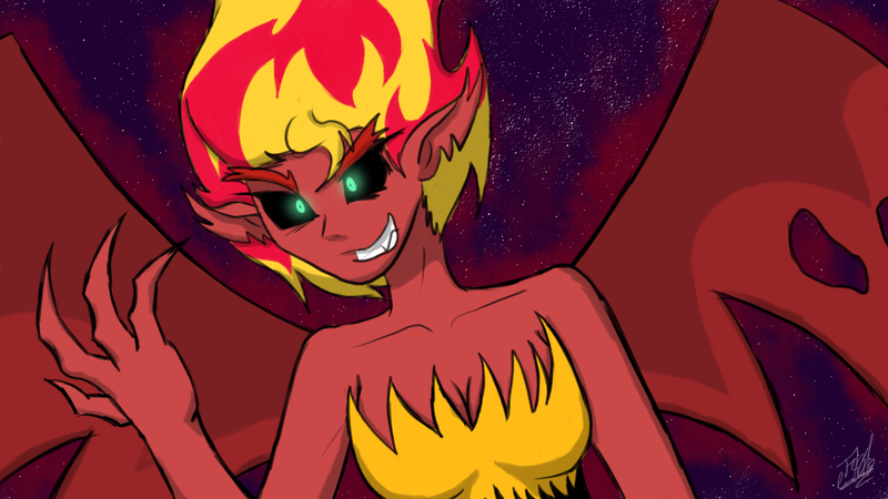 Size: 1280x720 | Tagged: safe, artist:tomazii7, derpibooru import, sunset shimmer, demon, equestria girls, equestria girls (movie), solo, sunset satan