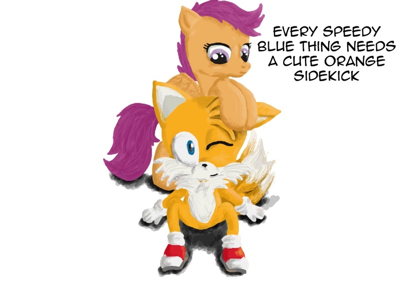 Size: 1024x768 | Tagged: artist:talesofthewinterborn, crossover, derpibooru import, miles "tails" prower, safe, scootaloo, sonic the hedgehog (series)