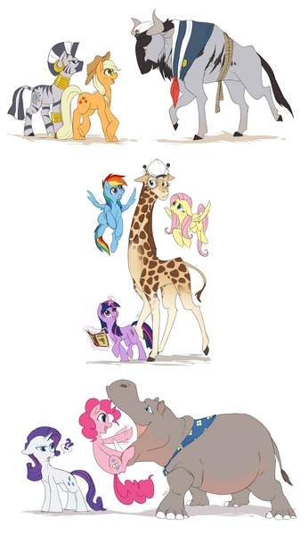 Size: 1253x2171 | Tagged: safe, artist:mr-tiaa, derpibooru import, applejack, fluttershy, pinkie pie, rainbow dash, rarity, twilight sparkle, zecora, oc, earth pony, giraffe, hippopotamus, original species, pegasus, pony, unicorn, wildebeest, zebra, africa, animal, ear piercing, earring, female, jewelry, leg rings, magic, mane six, mare, monocle, neck rings, open mouth, piercing, simple background, telekinesis, unicorn twilight, white background