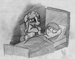 Size: 2820x2202 | Tagged: safe, artist:drawponies, derpibooru import, oc, oc:taralicious, unofficial characters only, earth pony, pony, unicorn, based on a true story, bed, crying, duo, dying, eyes closed, feels, female, filly, holding hooves, kiki, kiki havivy, mare, on bed, pencil drawing, ponysona, sad, tara strong, traditional art