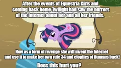 Size: 1205x681 | Tagged: suggestive, derpibooru import, edit, edited screencap, screencap, twilight sparkle, human, fanfic, equestria girls, lesson zero, bronybait, caption, human fetish, image macro, internet, karma, lowres, meme, quality, revenge, solo, text