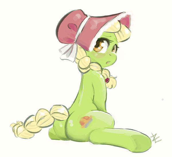 Size: 600x546 | Tagged: adorasmith, artist:lizombie, butt, cute, derpibooru import, granny smith, plot, safe, sitting, solo, younger, young granny smith