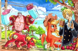 Size: 1669x1100 | Tagged: safe, artist:irie-mangastudios, derpibooru import, applejack, big macintosh, lyra heartstrings, earth pony, pony, apple, cider, crossover, food, franky, male, one piece, stallion, traditional art, vinsmoke sanji, zap apple