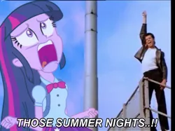 Size: 800x597 | Tagged: safe, derpibooru import, twilight sparkle, equestria girls, equestria girls (movie), danny zucco, exploitable meme, grease (musical), john travolta, meme, singing, song reference, summer nights, twiscream