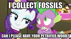 Size: 626x347 | Tagged: suggestive, derpibooru import, edit, edited screencap, screencap, rarity, spike, dragon, pony, unicorn, dragon quest, apron, bedroom eyes, blushing, caption, clothes, female, fossil, hub logo, image macro, innuendo, male, mare, meme, naked apron, rarity's bad pickup lines, shipping, sparity, straight, text, wood