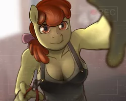 Size: 1280x1024 | Tagged: anthro, apple bloom, armpits, artist:lemondevil, big breasts, breasts, busty apple bloom, camera, camera shot, cleavage, clothes, dead source, derpibooru import, female, older, overalls, solo, solo female, suggestive