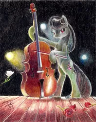 Size: 800x1013 | Tagged: artist:tsitra360, cello, colored pencil drawing, derpibooru import, flower, musical instrument, octavia melody, prismacolors, rose, safe, solo, traditional art