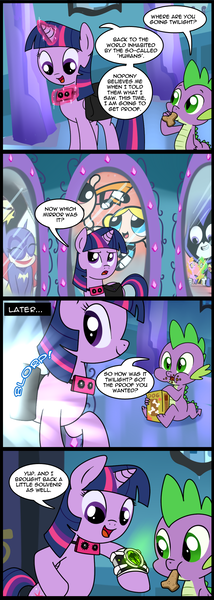 Size: 713x2000 | Tagged: safe, artist:madmax, derpibooru import, spike, twilight sparkle, twilight sparkle (alicorn), alicorn, pony, ben 10, camera, comic, dog biscuit, dog treats, female, mare, mirror, omnitrix, raven (teen titans), super best friends forever, teen titans go, the powerpuff girls, voice actor joke