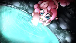 Size: 1920x1080 | Tagged: safe, artist:mixipony, derpibooru import, pinkie pie, pony, too many pinkie pies, cave, cave pool, colored pupils, mirror pool, open mouth, scene interpretation, solo, water