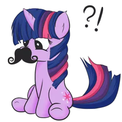 Size: 1000x1000 | Tagged: safe, artist:finalflutter, derpibooru import, twilight sparkle, pony, unicorn, confused, exclamation point, facial hair, female, interrobang, mare, moustache, question mark, simple background, sitting, solo, transparent background