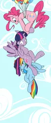 Size: 500x1200 | Tagged: safe, artist:graphic-lee, derpibooru import, pinkie pie, rainbow dash, twilight sparkle, twilight sparkle (alicorn), alicorn, pony, balloon, female, floating, flying, mare, then watch her balloons lift her up to the sky