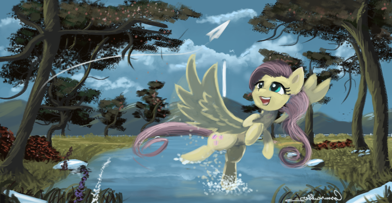 Size: 1024x533 | Tagged: artist:auroriia, dead source, derpibooru import, fluttershy, paper plane, river, safe, solo