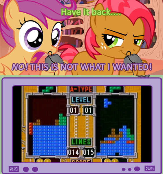 Size: 751x800 | Tagged: babs seed, derpibooru import, exploitable meme, gamer babs, gamer scoot, meme, more columns than ancient greece, obligatory pony, safe, scootaloo, tetris, tetris smackdown, the freelance astronauts, tv meme