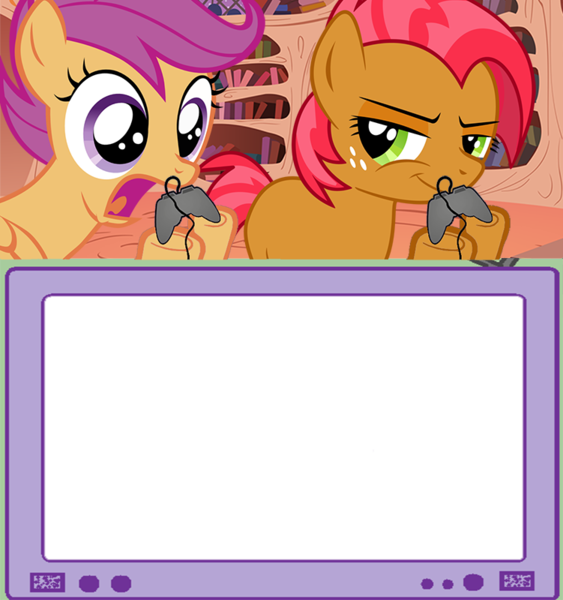 Size: 751x800 | Tagged: babs seed, derpibooru import, exploitable, exploitable meme, gamer babs, gamer scoot, meme, obligatory pony, safe, scootaloo, template, tv meme, video game